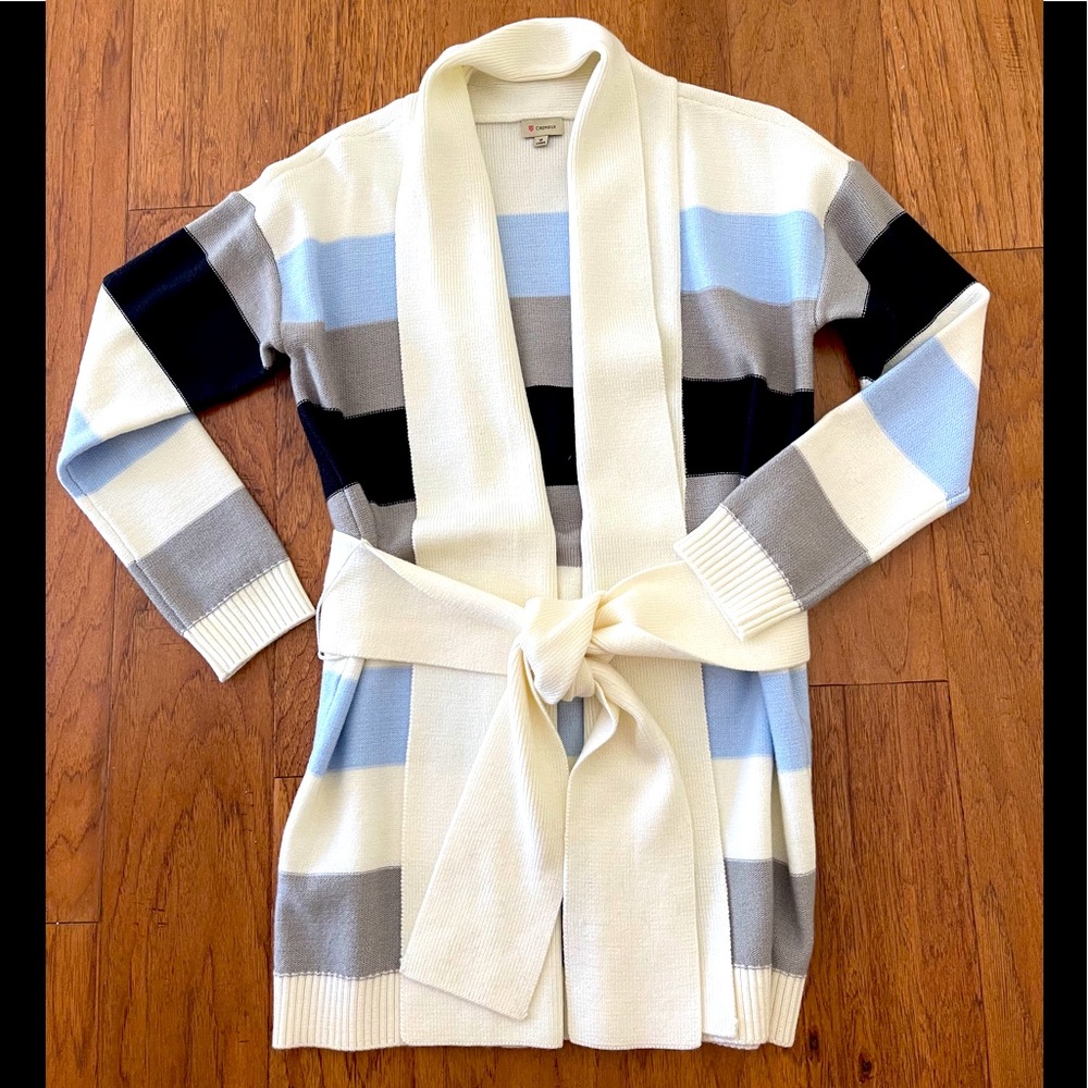 NWOT Cremieux blue/white striped cardigan, sz Md